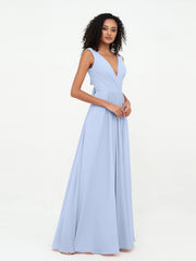 V-neck Chiffon Long Dresses with Pocktes-Sky Blue
