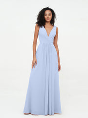 V-neck Chiffon Long Dresses with Pocktes-Sky Blue
