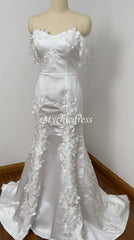 Modern 3D Floral Satin Wedding Dress Beach Off the Shoulder Bridal Dress