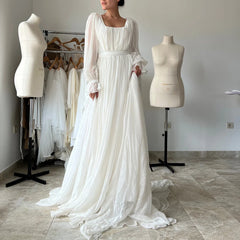 Modern Wedding Dress Minimalist Chiffon Modest Wedding Dress Long Sleeves Square Neck Pleated Floor Length Bride Dress