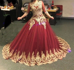 Modest 3/4 Sleeves Burgundy Ball Gowns Wedding Dresses Gold Lace Appliques