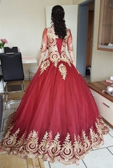 Modest 3/4 Sleeves Burgundy Ball Gowns Wedding Dresses Gold Lace Appliques