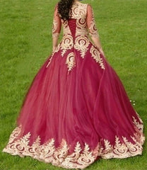 Modest 3/4 Sleeves Burgundy Ball Gowns Wedding Dresses Gold Lace Appliques