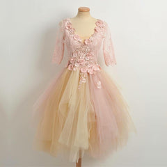 Modest Lace 3/4 Sleeves Tulle Prom Homecoming Dresses Short