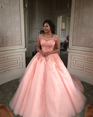 Modest Lace Cap Sleeves Organza Quinceanera Dresses Ball Gowns