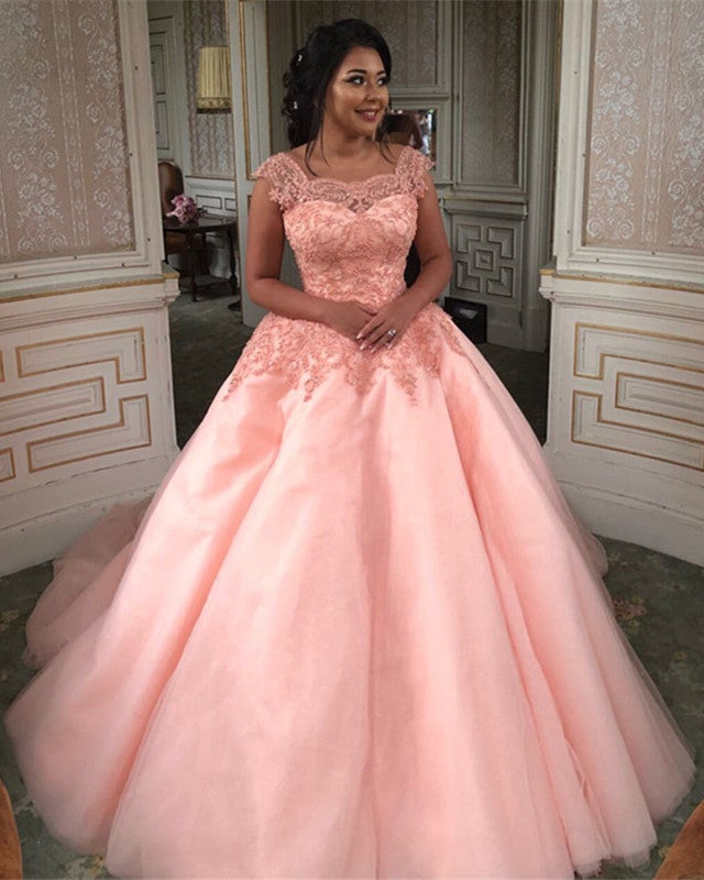 Modest Lace Cap Sleeves Organza Quinceanera Dresses Ball Gowns