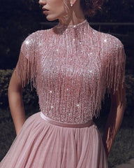 Modest Pink Prom Dresses Sequin High Neck Cap Sleeves