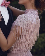 Modest Pink Prom Dresses Sequin High Neck Cap Sleeves