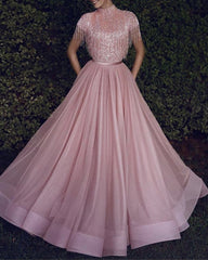 Modest Pink Prom Dresses Sequin High Neck Cap Sleeves