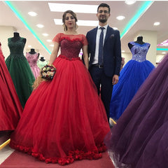 Modest Quinceanera Dresses Cap Sleeves Tulle Flower Ball Gown