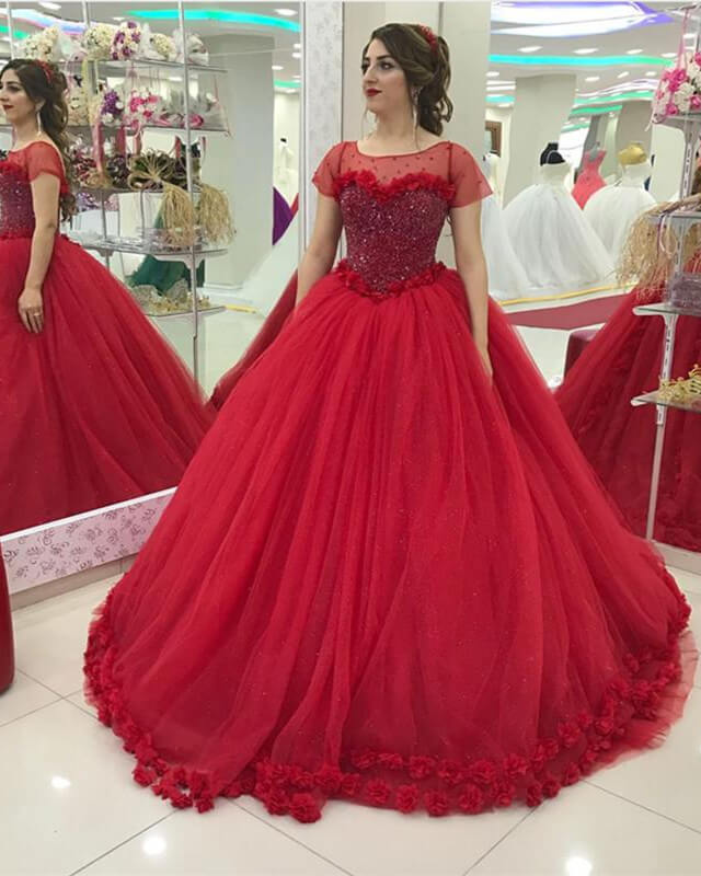 Modest Quinceanera Dresses Cap Sleeves Tulle Flower Ball Gown