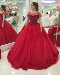 Modest Quinceanera Dresses Cap Sleeves Tulle Flower Ball Gown