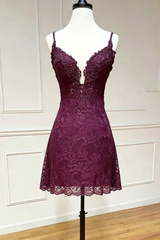 Modest Grape Spaghetti Straps A-Line Lace Appliques Short Homecoming Dress
