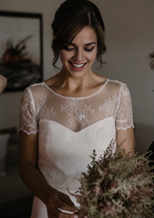 Modest Lace Wedding Dress Boho Style Casual Short Sleeve Deep Open Back Simple Romantic For Rustic Wedding Floor Length