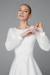 Modest Long Sleeve Wedding Dress Satin And Chiffon Bridal Gown Round Neck Floor Length With Train