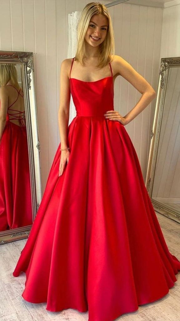 Modest Red Satin A Line Prom Dress Simple Backless Long Formal Dress