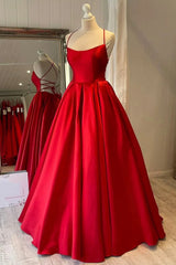 Modest Red Satin A Line Prom Dress Simple Backless Long Formal Dress