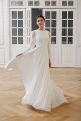Modest Wedding Dress A-line Long Sleeve High Neck Chiffon Bridal Gown Floor Length Bride Dress