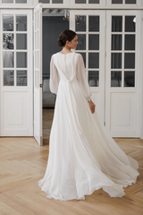 Modest Wedding Dress A-line Long Sleeve High Neck Chiffon Bridal Gown Floor Length Bride Dress