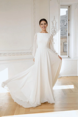 Modest Wedding Dress A-line Long Sleeve High Neck Chiffon Bridal Gown Floor Length Bride Dress