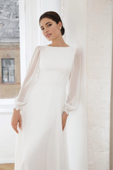 Modest Wedding Dress A-line Long Sleeve High Neck Chiffon Bridal Gown Floor Length Bride Dress