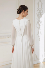 Modest Wedding Dress A-line Long Sleeve High Neck Chiffon Bridal Gown Floor Length Bride Dress