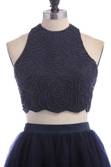 Modest Two Pieces Sleeveless Hollow Navy Blue Homecoming Dress TR0059