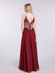 Halter Chiffon with Gold Appliqued Dress-Burgundy