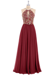 Halter Chiffon with Gold Appliqued Dress-Burgundy