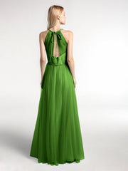 Twist Straps Tulle Maxi Dress with V Neckline Moss