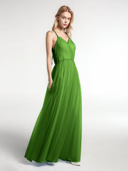 Twist Straps Tulle Maxi Dress with V Neckline Moss