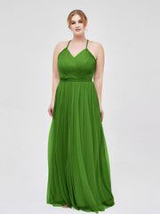 Twist Straps Tulle Maxi Dress with V Neckline Moss