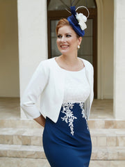 Stretch Crepe Appliqued Scoop Dress With Jacket Navy Blue