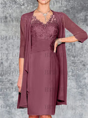 Two Piece Ruffle Chiffon Mother of the Bride Outfit Lace Short Wedding Guest Dress