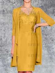 Two Piece Ruffle Chiffon Mother of the Bride Outfit Lace Short Wedding Guest Dress