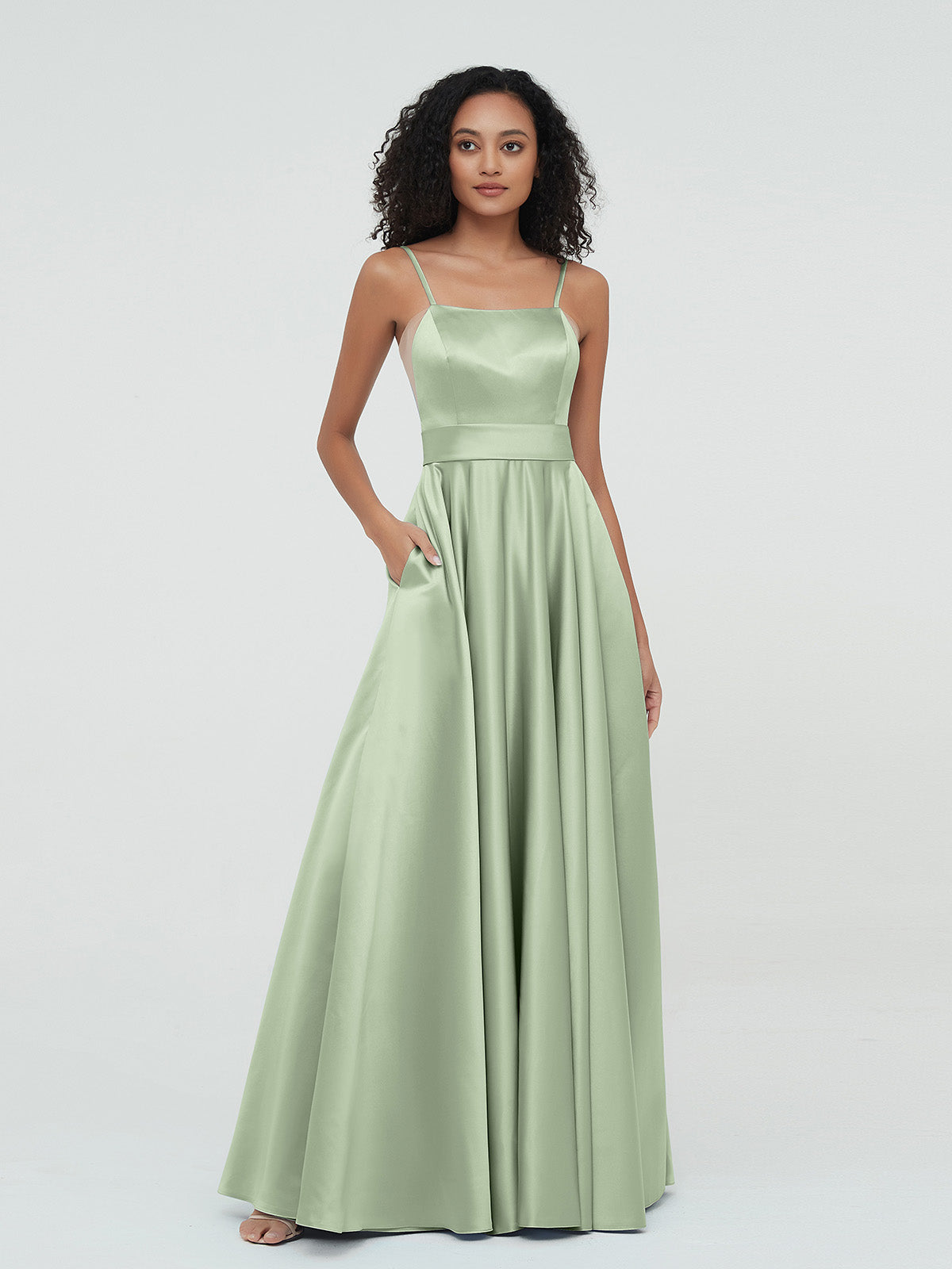 A-line Spaghetti Straps Max Satin Dresses-Dusty Sage