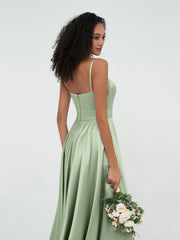 A-line Spaghetti Straps Max Satin Dresses-Dusty Sage