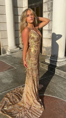 Unique Gold Mermaid Long Prom Dress Evening Dress SH1021