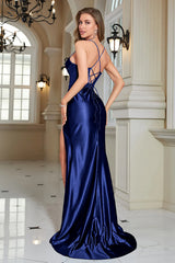 Stylish Mermaid Spaghetti Straps Royal Blue Corset Prom Dress with Split Front