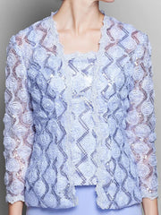 Mother of the Bride Dress Wrap Included Straps Tea Length Chiffon Lace Long Sleeve with Lace
