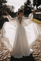 Chiffon V Back Wedding Gown Long Puffy Sleeves Beach Wedding Dress TN306