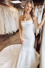 Strapless Mermaid Satin Ivory Long Wedding Dress with Detachable Train