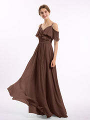 Off the Shoulder Spaghetti Strap Bridesmaid Gowns-Chocolate