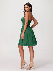 Halter V Neck Short Chiffon Bridesmaid Dresses-Dark Green