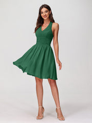 Halter V Neck Short Chiffon Bridesmaid Dresses-Dark Green