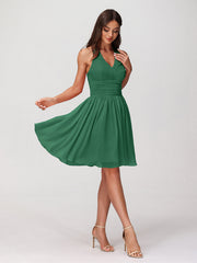 Halter V Neck Short Chiffon Bridesmaid Dresses-Dark Green