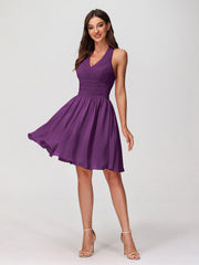 Halter V Neck Short Chiffon Bridesmaid Dresses-Grape