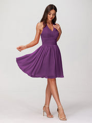 Halter V Neck Short Chiffon Bridesmaid Dresses-Grape