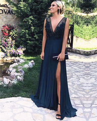 Long Chiffon Plunge Prom Dresses High Slit