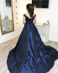 Navy Blue Satin Ball Gowns Quinceanera Dresses Lace Appliques
